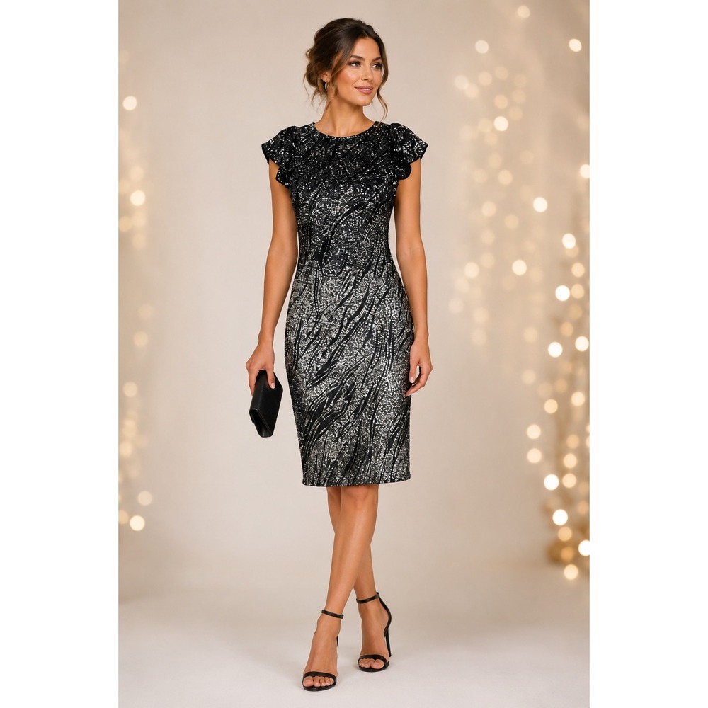 NWT Betsy & Adam Black Silver Sequin Cocktail Dress Womens 10 Holiday Party Midi